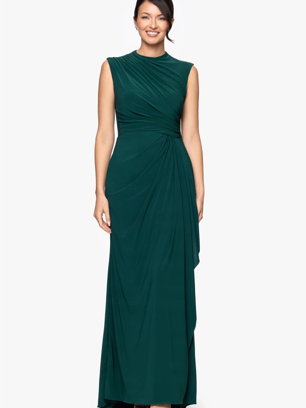 Sleeveless Emerald Green Draped Evening Gown Betsy & Adam “Patricia Jersey Knit
